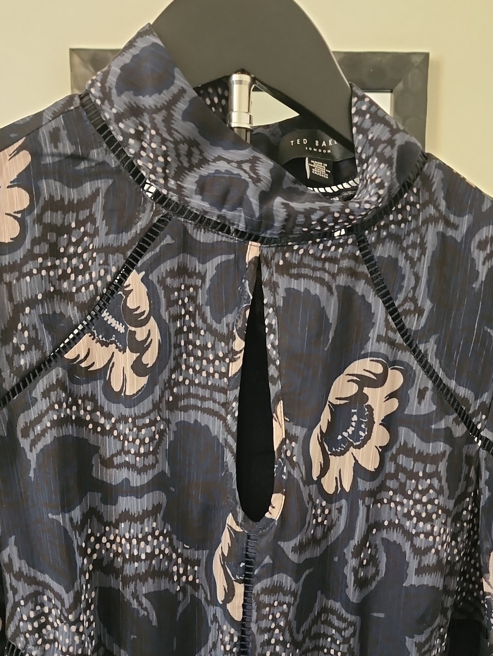 Ted Baker London Navy Floral Chiffon Midi Dress High Neck Long Sleeve Size 2 - Picture 7 of 16